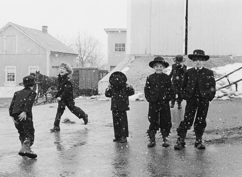 Amish Children Playing in Snow, Lancaster, PA