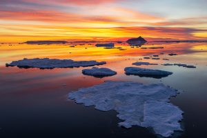 Sea Ice at Sunrise with Cockburn Island in the Distance, Weddell Sea, Antarctica